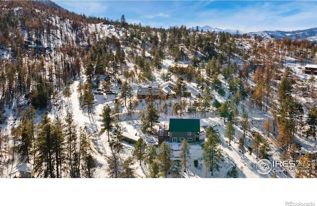 snowy aerial view with a mountain view