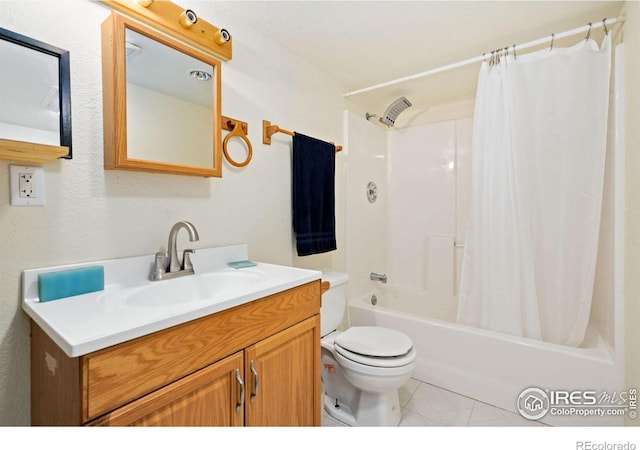 full bathroom featuring vanity, shower / bath combination with curtain, and toilet