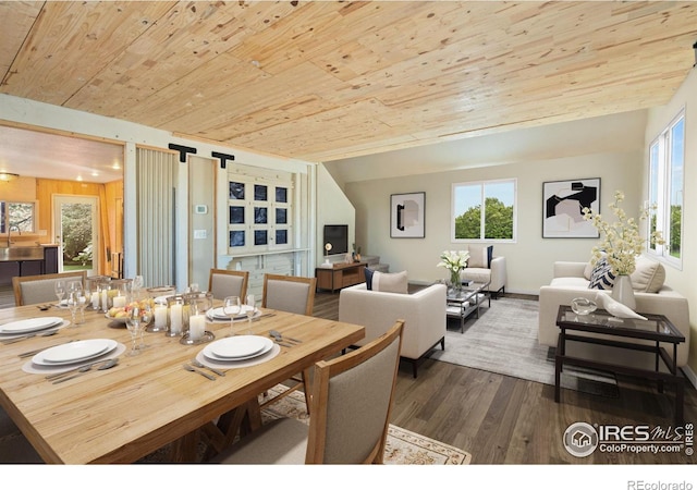 dining space with hardwood / wood-style flooring, lofted ceiling, sink, and wooden ceiling