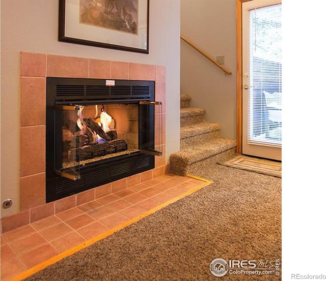 interior details featuring a fireplace and carpet floors