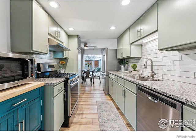 kitchen featuring sink, tasteful backsplash, light wood-type flooring, ceiling fan, and stainless steel appliances