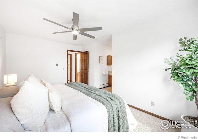 bedroom with carpet flooring, ceiling fan, and baseboard heating