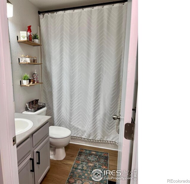 bathroom featuring vanity, hardwood / wood-style flooring, and toilet