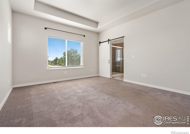 unfurnished room with a raised ceiling, a barn door, and carpet flooring