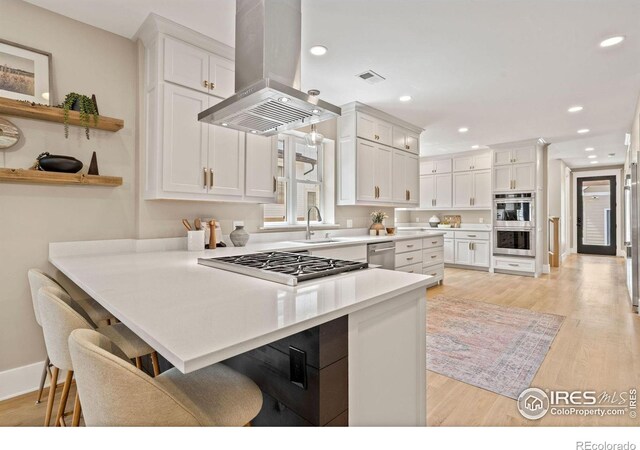 119 N Shields St, Fort Collins, CO 80521 - kitchen with white cabinetry, stainless steel appliances, island range hood, and a kitchen breakfast bar