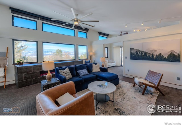 living room featuring ceiling fan, carpet flooring, and a baseboard radiator