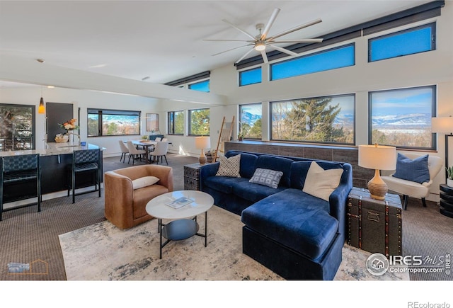 living room with a high ceiling and carpet flooring