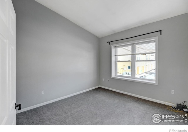 spare room featuring lofted ceiling and carpet floors