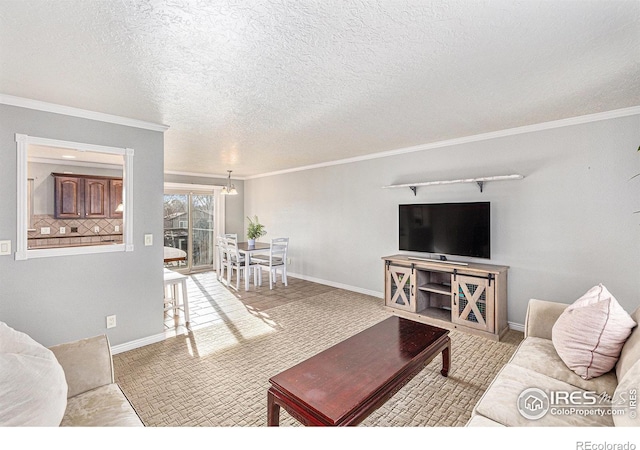 living room with ornamental molding and a textured ceiling