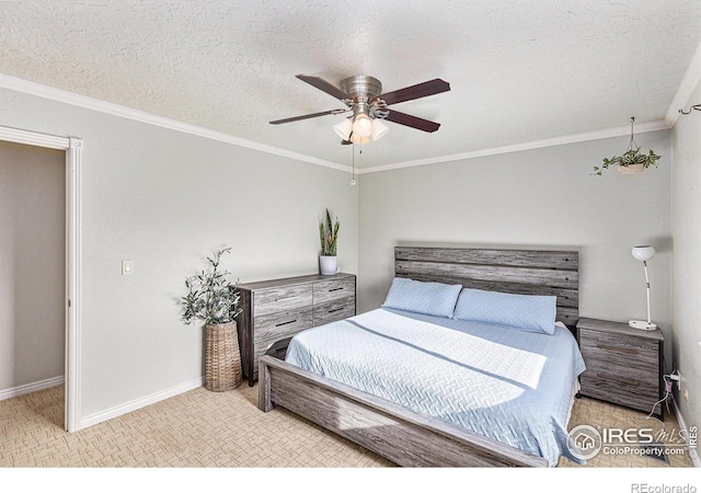 bedroom with ornamental molding, a textured ceiling, and ceiling fan