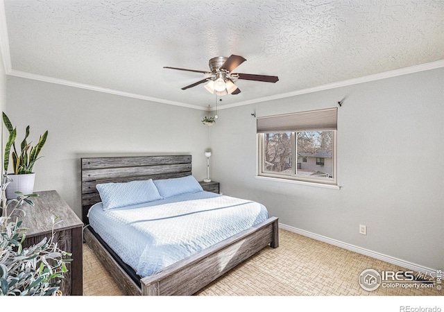 carpeted bedroom featuring ornamental molding, a textured ceiling, and ceiling fan