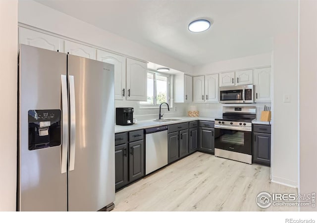 kitchen with light countertops, gray cabinetry, appliances with stainless steel finishes, white cabinetry, and a sink