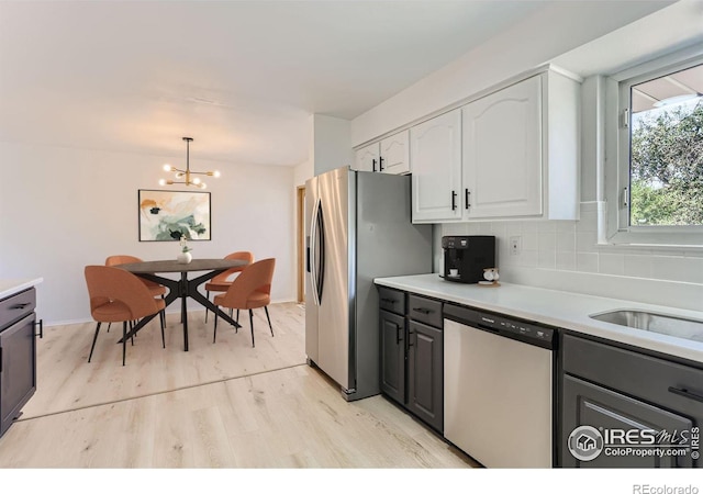 kitchen featuring stainless steel appliances, white cabinets, light countertops, backsplash, and pendant lighting