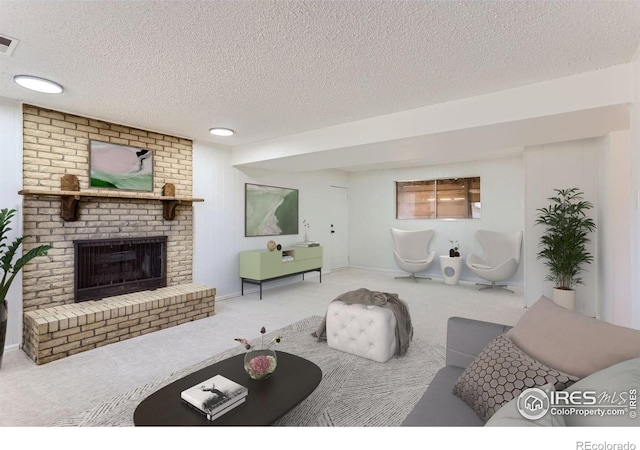 carpeted living area with visible vents, a fireplace, a textured ceiling, and baseboards