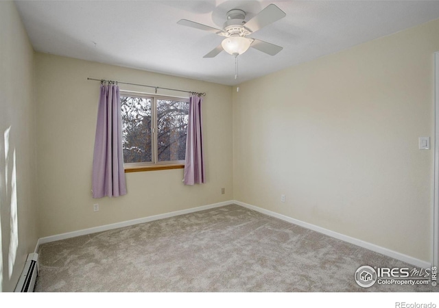 carpeted empty room featuring ceiling fan and a baseboard heating unit