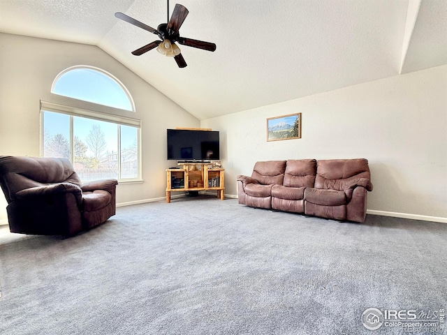 living room with vaulted ceiling, ceiling fan, carpet, and a textured ceiling