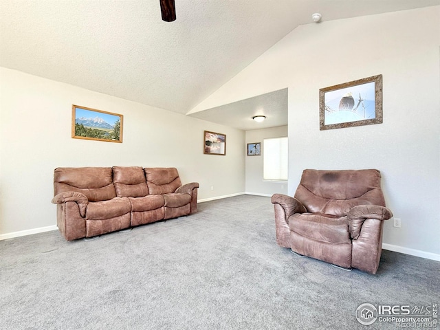 living room with lofted ceiling, carpet, and a textured ceiling