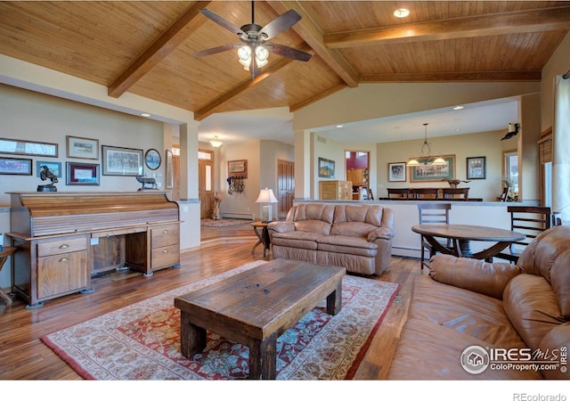 living room featuring wood ceiling, a baseboard radiator, hardwood / wood-style flooring, and vaulted ceiling with beams