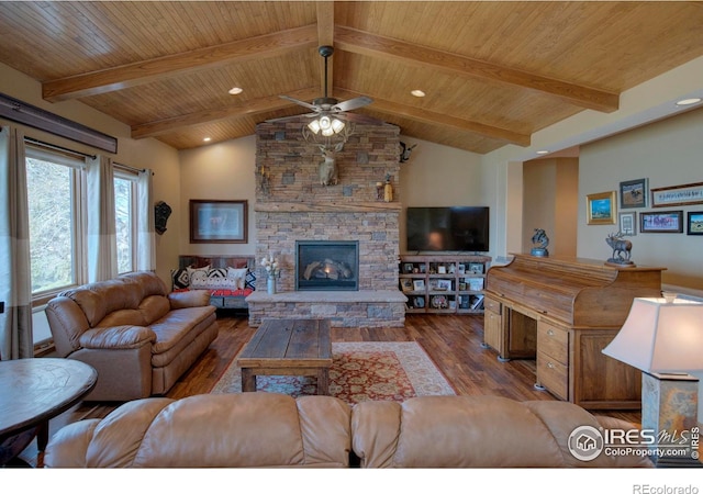 living room with a stone fireplace, vaulted ceiling with beams, wood ceiling, light hardwood / wood-style flooring, and ceiling fan