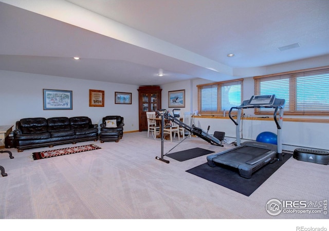 workout area featuring light colored carpet