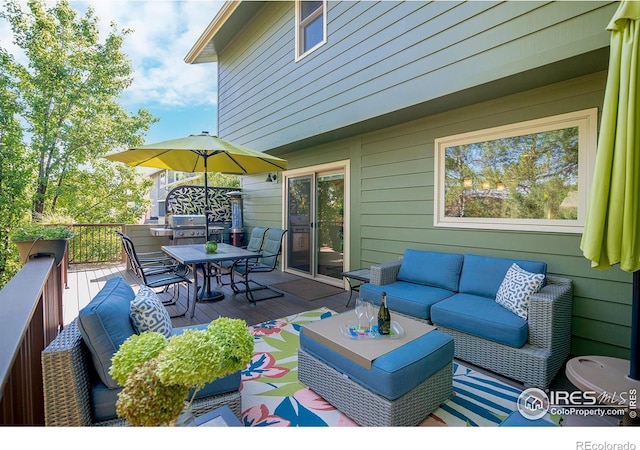 wooden deck with outdoor lounge area