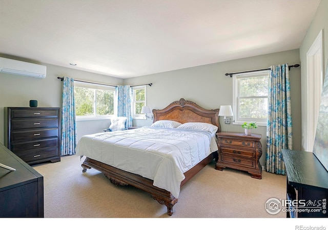 carpeted bedroom with multiple windows and a wall unit AC