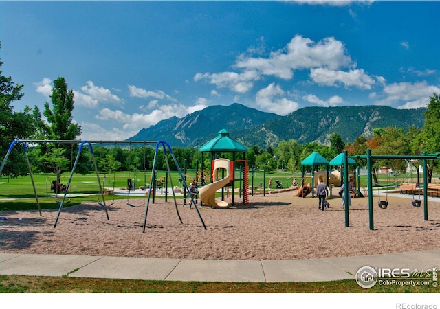 view of play area with a mountain view