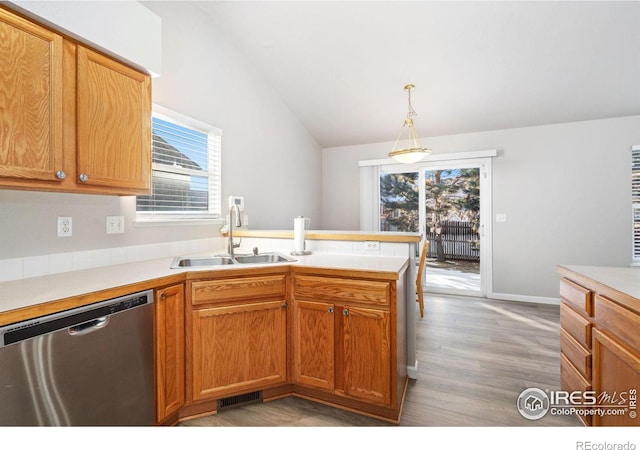 kitchen featuring stainless steel dishwasher, sink, hanging light fixtures, and a wealth of natural light