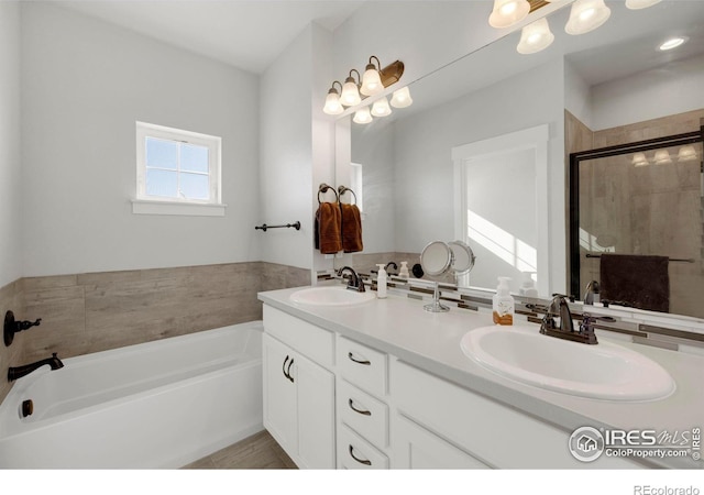 bathroom with vanity and separate shower and tub