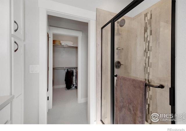 bathroom featuring a shower with door