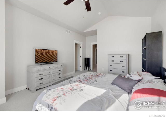 bedroom with high vaulted ceiling, light colored carpet, and ceiling fan