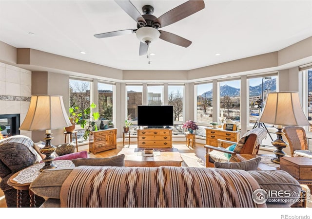 living room featuring ceiling fan