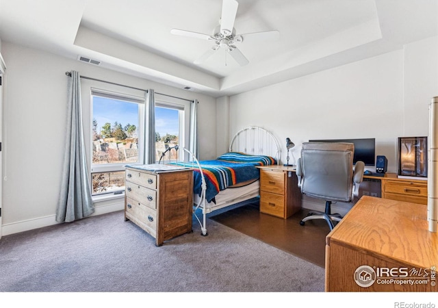 carpeted bedroom with a raised ceiling and ceiling fan