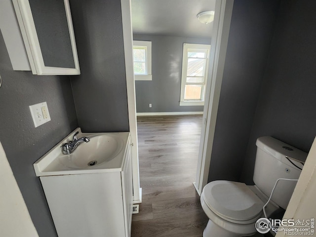 bathroom featuring vanity, toilet, and hardwood / wood-style floors