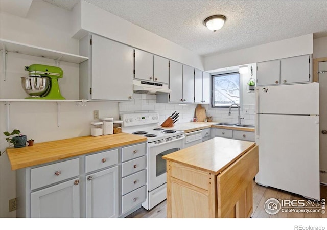 kitchen featuring sink, white appliances, gray cabinets, tasteful backsplash, and a textured ceiling