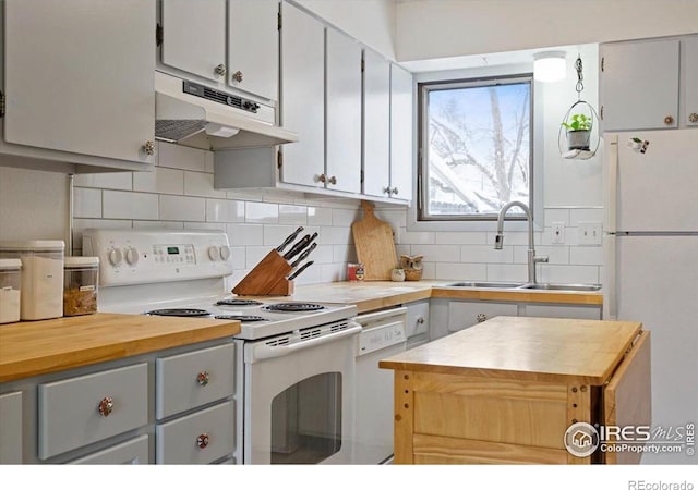 kitchen with tasteful backsplash, butcher block counters, sink, gray cabinetry, and white appliances