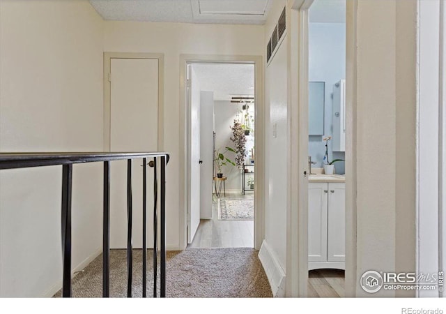 corridor featuring sink, light carpet, and a textured ceiling