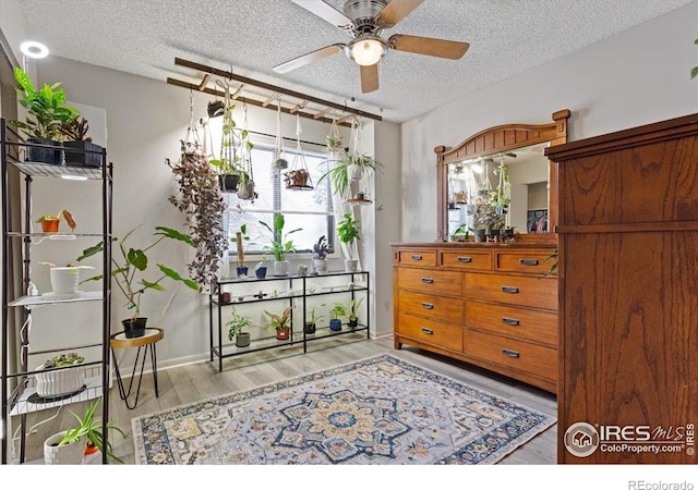 interior space with ceiling fan, a textured ceiling, and light wood-type flooring