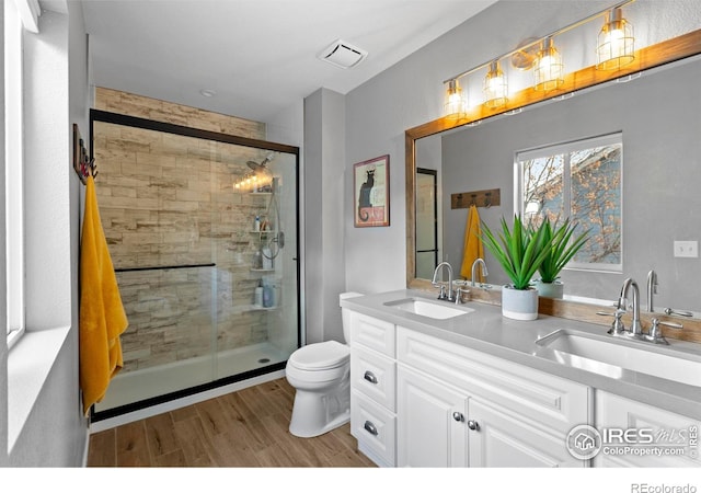 bathroom featuring toilet, wood finished floors, a shower stall, and a sink