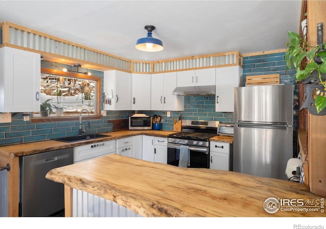 kitchen with a sink, decorative backsplash, butcher block countertops, stainless steel appliances, and under cabinet range hood