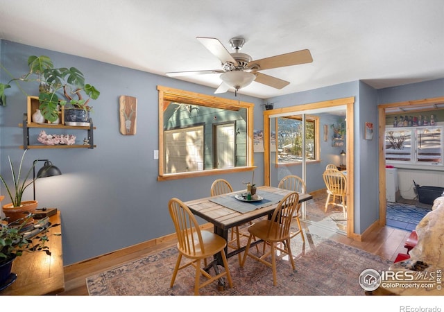 dining area featuring ceiling fan, baseboards, and wood finished floors