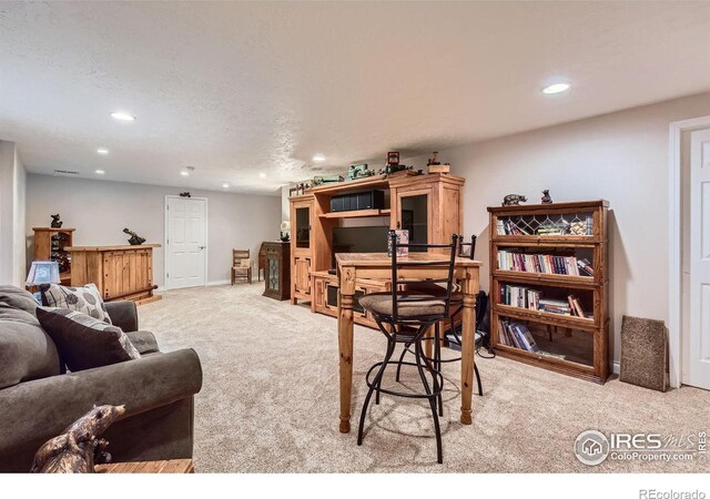 carpeted living room with a textured ceiling