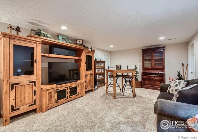 living room with carpet floors and a textured ceiling