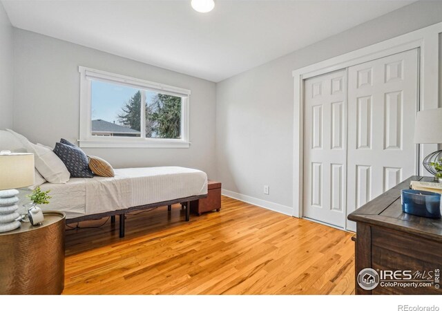 bedroom with a closet and light hardwood / wood-style flooring