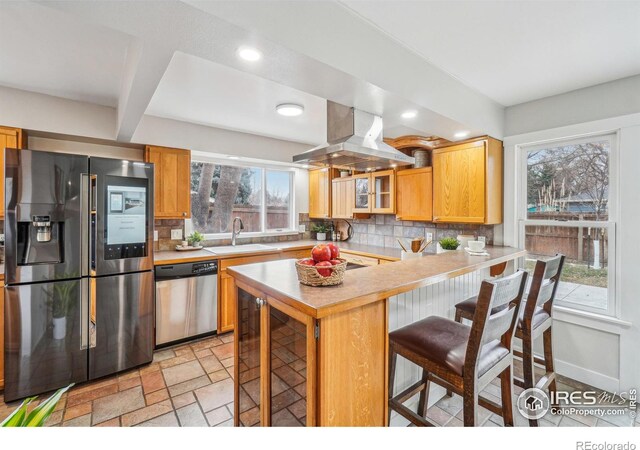 kitchen featuring sink, appliances with stainless steel finishes, a kitchen breakfast bar, island range hood, and kitchen peninsula