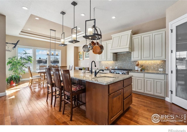 kitchen featuring white cabinetry, light stone counters, a healthy amount of sunlight, a center island with sink, and a raised ceiling