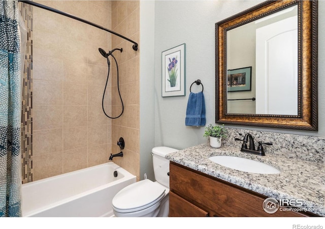 full bathroom with toilet, vanity, and shower / bath combo with shower curtain