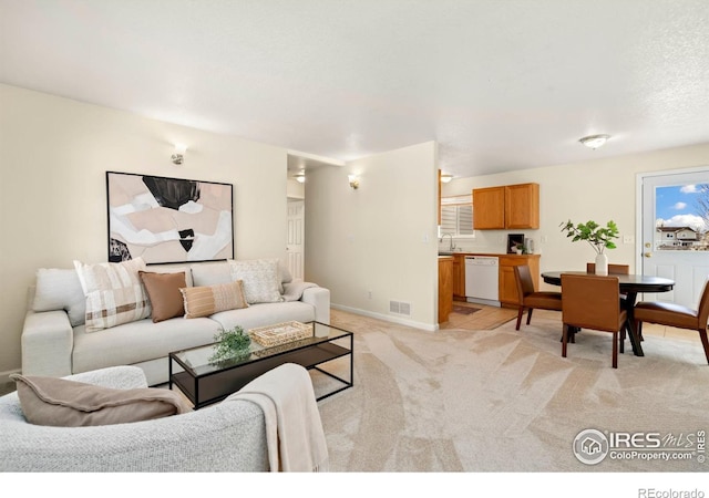 living room featuring sink and light colored carpet