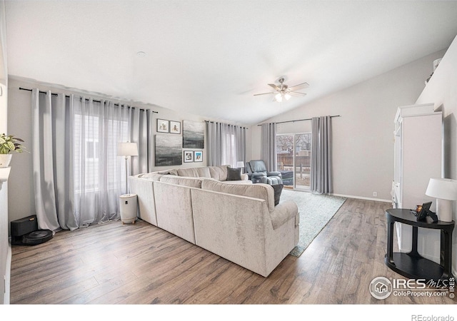 living room with ceiling fan, lofted ceiling, and wood-type flooring