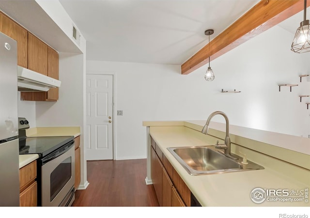 kitchen featuring sink, hanging light fixtures, dark hardwood / wood-style floors, beamed ceiling, and stainless steel appliances